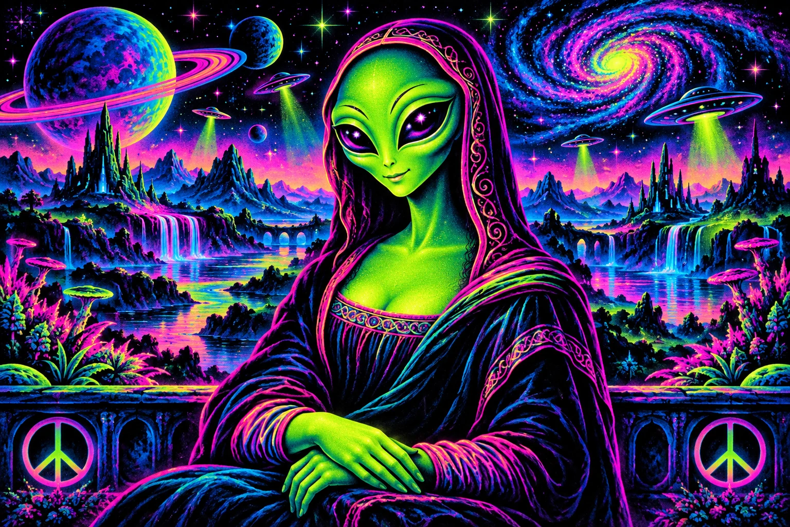 The Mona Lisa recast as a glowing extraterrestrial in a garish blacklight poster.