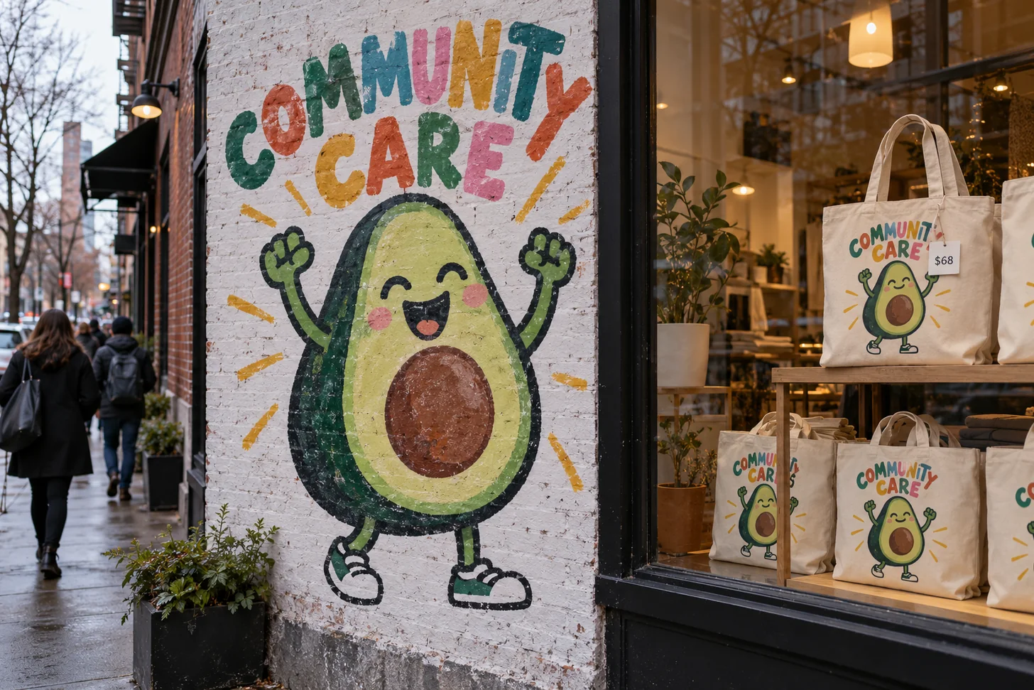 A COMMUNITY CARE avocado mural outside a boutique whose window displays matching tote bags.
