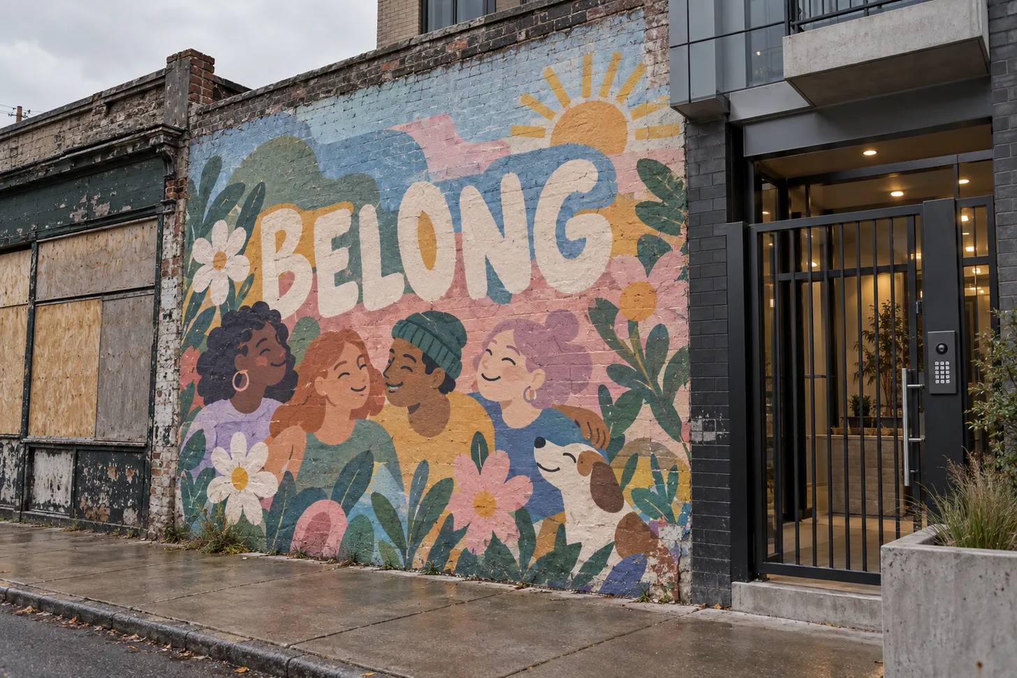 A cheerful BELONG mural painted between a boarded shop and the gated entrance to a new development.