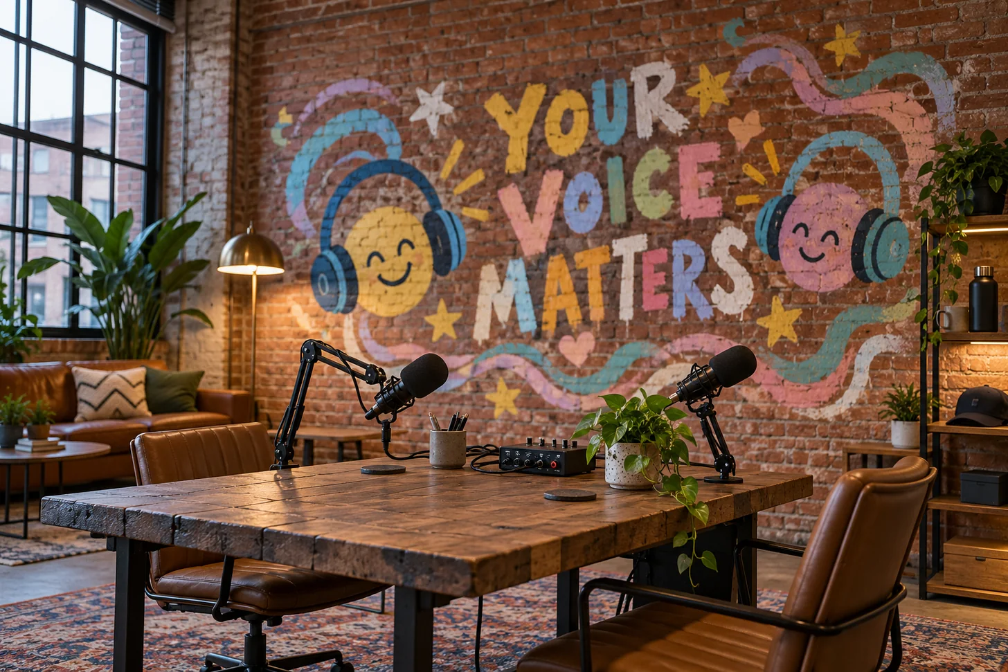 A handmade YOUR VOICE MATTERS mural behind the microphones in an empty podcast studio.