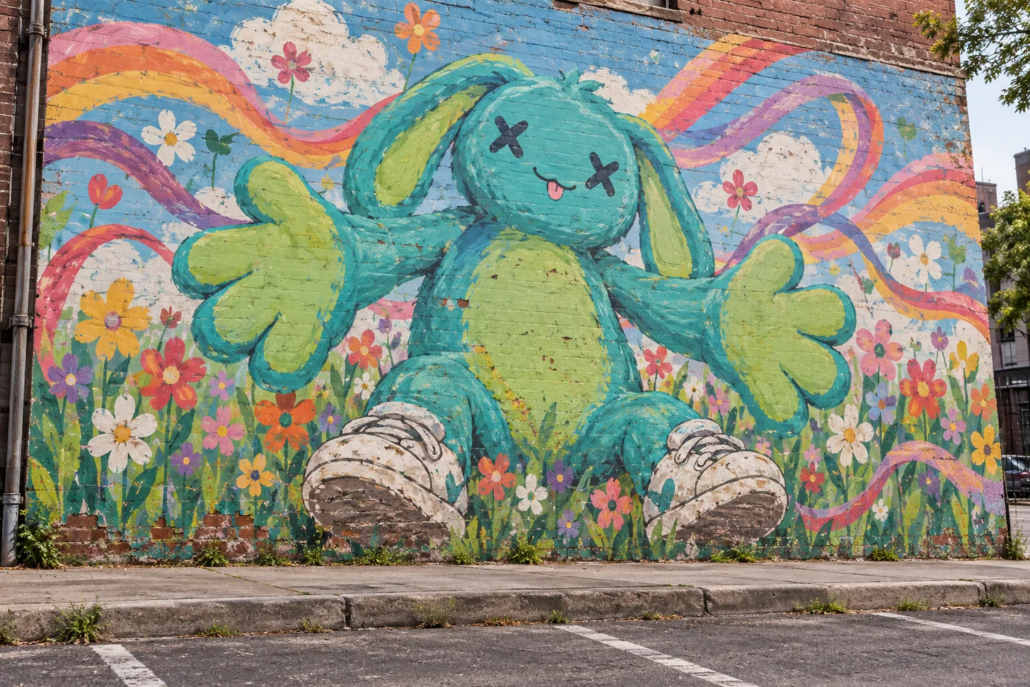 A bright, weathered brick-wall mural of Pudge, a cross-eyed green creature with oversized gloves and sneakers.