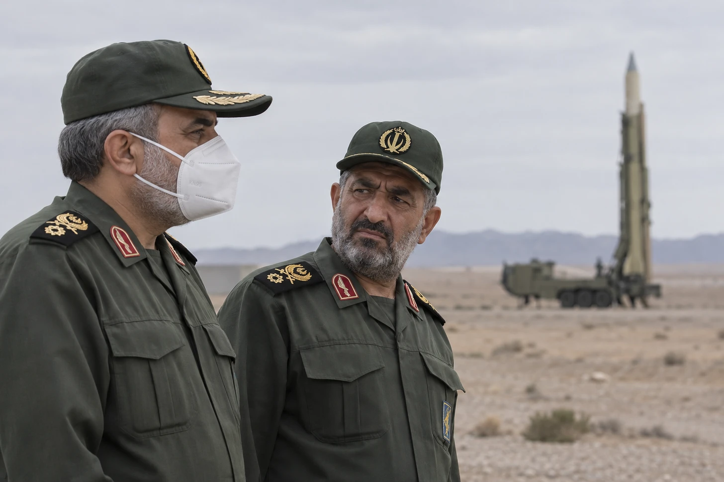 Two Iranian military officers at a quiet outdoor launch site, one wearing a white KN95 while the other looks at him.